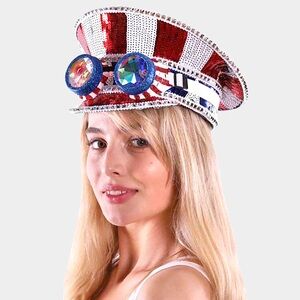 Sequined Patriotic Captain Hat with Decorative Goggles - Red & Blue